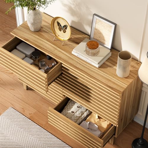 Wood 6 Drawer Dresser, Modern Wood Slat Double Dresser for Bedroom, 47.2" Wide Storage Chest with Deep Drawers, Mid Century Fluted Wooden Cabinet for Bedroom, Living Room - Image 5