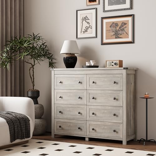 Xixini 47.2" Wide 8-Drawer Farmhouse Dresser for Bedroom, Light Grey - Image 2