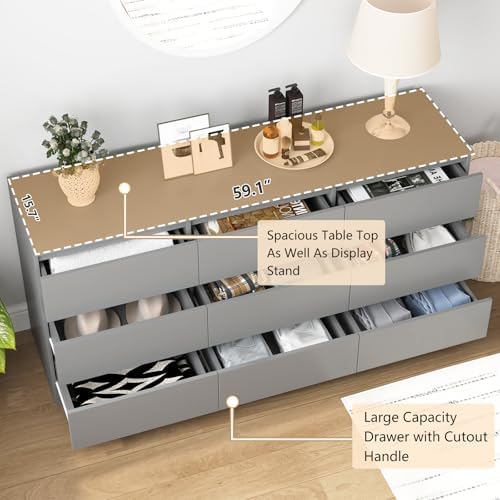 Vibe & Dine 9 Drawer Dresser, 59.1" Long Dresser for Bedroom Free Handle, Modern Wooden Chest of Drawers with Wide Storage for Living Room, Grey - Image 5