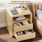 Decofy Fluted 2-Drawer Nightstand Set of 2 with Charging Station, Oak - Image 4