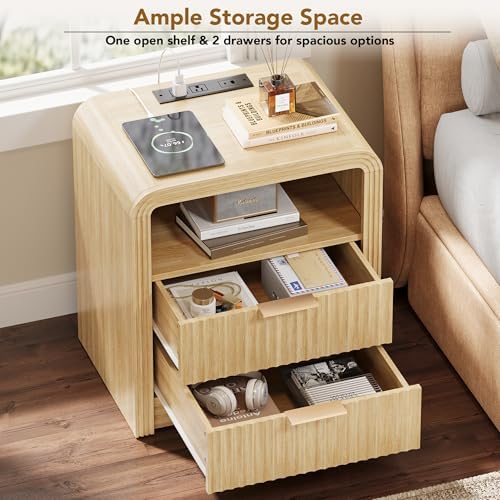 Decofy Fluted 2-Drawer Nightstand with Charging Station, Oak - Image 3