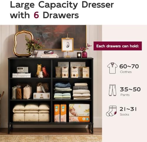 WLIVE Black Fabric Dresser for Bedroom, 6 Drawer Dressers Chest of Drawers - Image 5