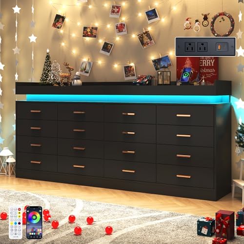 Hlivelood 16 Drawer Dresser with LED Light and Charging Station, Modern Chest of Drawers for Closet, Wide Drawer Organizer Cabinet, Living Room, Entryway, Hallway, Black - Image 4