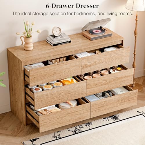 Chrangmay 6 Drawer Dresser,47.24" Wide Mid Century Chest of Drawers,Wooden Bedroom Drawer Dresser with 6 Storage Drawers for Bedroom,Living Room,with Anti-Tipping Device, Wood - Image 4