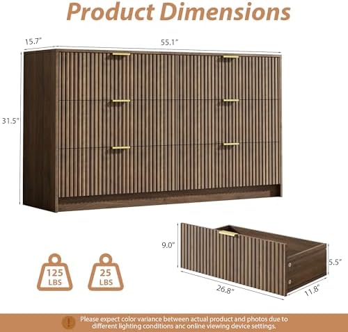 MAISONARIA 6 Drawer Dresser for Bedroom, 55" Wide Modern Chest of Drawers with Gold Metal Handles, Fluted Wood TV Stand for Living Room, Hallway, Walnut - Image 2