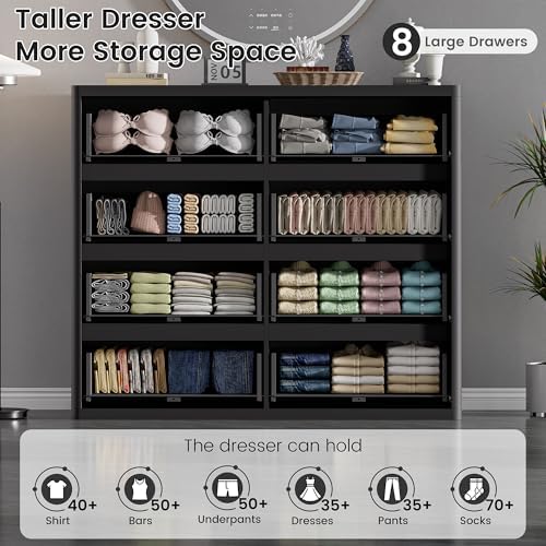 Standifurno Black 8 Drawers Dresser for Bedroom, 48" Wide Wooden Tall Chest of Drawers with Curved Modern Profile Design, Fluted Dresser TV Stand, Wood Closet Clothes Storage Drawer Organizer - Image 7