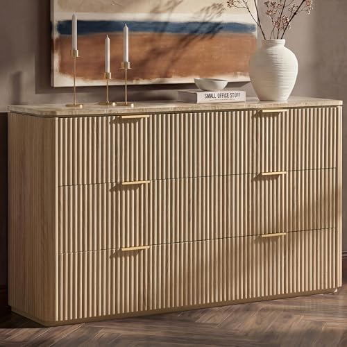 54"W Fluted 6 Drawer Bedroom Dresser, with Faux Marble Top,Natural Oak by DelArk