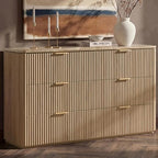 54"W Fluted 6 Drawer Bedroom Dresser, with Faux Marble Top,Natural Oak by DelArk