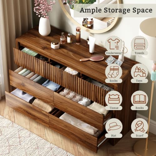 LYNSOM Walnut Fluted 7 Drawer Dresser for Bedroom, Curved Edge, 50" Wide - Image 4