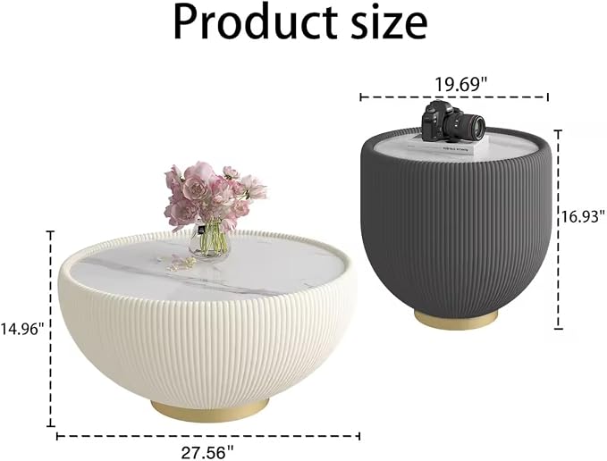 Round Marble Coffee Table Set of 2, 2 Piece White Coffee Table and End Table - Image 2