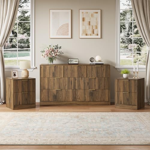 7 Drawer Dresser & 2-Drawer Nightstand Set 3-Piece, Walnut丨55 Wide Bedroom Set Night Stand Set of 2 with Metal Handle, Fluted Wood Chest of Drawers Storage Dressers Set for Bedroom by NOVAMAISON