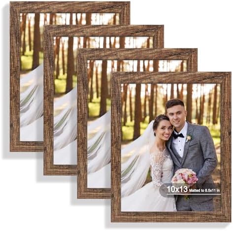 Hongkee 10x13 Picture Frame Set of 4, Made of Real Glass and Rustic Brown Frame, 10 by 13 Photo for Wall or Tabletop - Display Picture 8.5x11 with Mat or 10x13 Without Mat by Hongkee