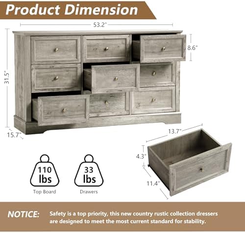 LOUVIXA Farmhouse Dresser 9 Drawer, Bedroom Chest of Drawers, Dressers with 9 Drawers, Wooden Dressers for Bedroom, Living Room, Tv Stand, Entryway(Rustic Yellow) - Image 2