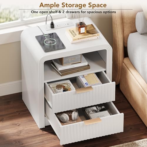 Decofy Fluted 2-Drawer Nightstand Set of 2 with Charging Station, White - Image 4