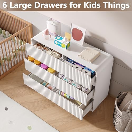 BORNOON Dresser for Bedroom with 6 Drawers, Fluted Chest of Drawers with Round Curved Corner, Hidden Handles, Modern Wood Storage Organizer for Bedroom, Nursery, Living Room - Image 3