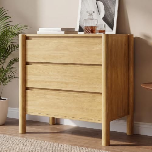 HOUROM Oak 3 Drawer Dresser for Bedroom, Mid Century Modern Chest by HOUROMDresserforBedroom