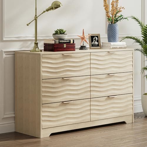 MALOL 48" Wide 6 Drawers Dresser for Bedroom, Coastline Fluted Modern Dresser Drawer with Metal Handle, Storage Chest of TV Stand Organizers Wooden for Living Room, Hallway, Closet, Natural Wood by MALOL