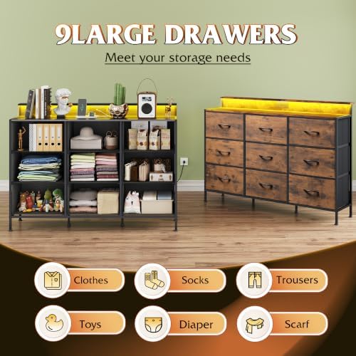 WLIVE Dresser TV Stand 9 Drawers, Fabric Chest LED Lights, Rustic Brown - Image 5