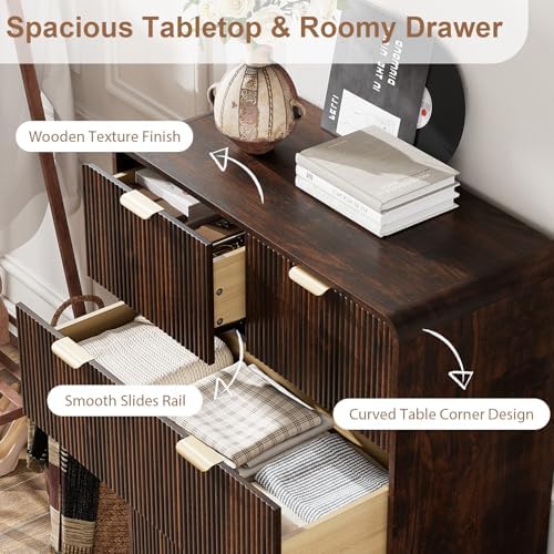 QUW Fluted 5 Drawers Dresser for Bedroom, Modern 40.2" Tall Drawer Dressers with Metal Handle, Wooden Chest of Dresser for Living Room, Hallway, Solid Wood Legs, Curved Profile Design, Dark Walnut - Image 6