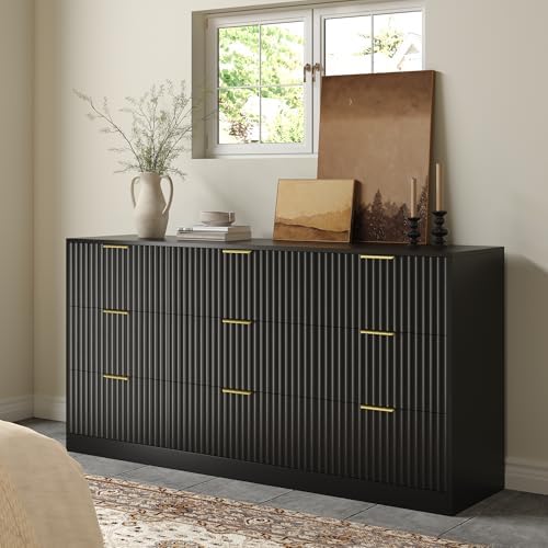 Black 9 Drawer Dresser for Bedroom, 63" Wide Modern Fluted Chest of Drawers, Wooden Dresser with Gold Metal Handles, Mid Century Large Dresser TV Stand for Living Room Hallway by RESOM