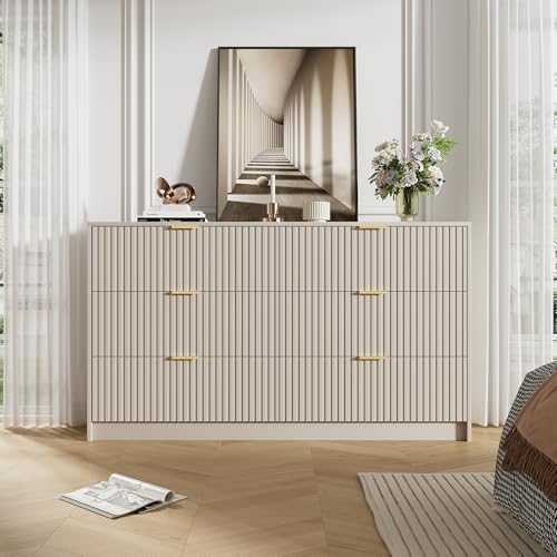 Furniway Beige Dresser for Bedroom, Modern Dresser with 6 Drawers and Smooth Slides, Wide Chest of Drawers with Golden Handles for Bedroom, Living Room, Closet, 15.7" D x 55.1" W x 31.4" H - Image 6