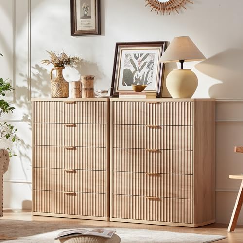 LEYAOYAO Fluted 5 Drawers Dresser for Bedroom, 41" Tall Modern Chest of Drawers with Metal Handle, Curved Profile Design,Natural Wood Drawer Organizer for Bedroom, Living Room, Hallway, Entryway - Image 3