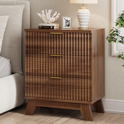 Xixini Fluted Nightstand with 3 Drawers, 24" Wide Side Table, Walnut by Xixini