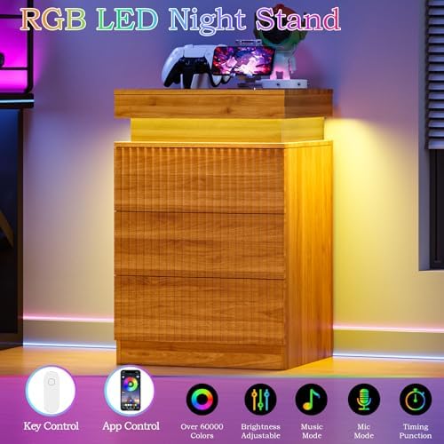 Fluted LED Night Stand with Charging Station, Walnut - Image 3