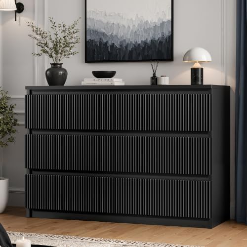 Jocoevol 6 Drawer Fluted Dresser, Modern Chest of Drawers for Bedroom with Hidden Handles, Wood Storage Organizer Cabinet for Living Room & Entryway, Black (15.7" D x 47.3" W x 31.6" H) by JOCOEVOL
