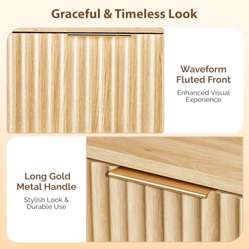 VINGLI Nightstands Set of 2, Fluted Night Stand with Drawer, Bedside Table, Wood Nightstand for Bedroom, Mid Century Modern End Tables, Natural Oak, 18.9" W*14.96" D*24" H - Image 4