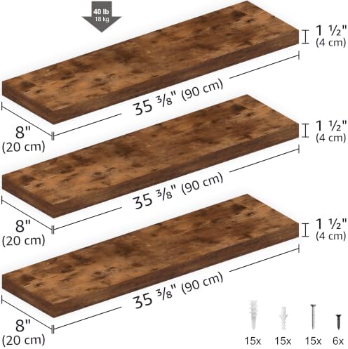 Ballucci Floating Shelves, 36" Long Wall Shelf, Set of 3, Wood Floating Shelves for Wall, Decorative Wall Shelves for Home Office, Living Room, Room Décor, 8" Deep, Set of 3, Rustic Brown - Image 4