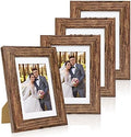 Hongkee 5x7 Picture Frame Set of 4, Made of Real Glass and Rustic Brown Wooden Frame, 5 by 7 Photo for Wall or Tabletop - Display Picture 4x6 with Mat or 5x7 Without Mat by Hongkee