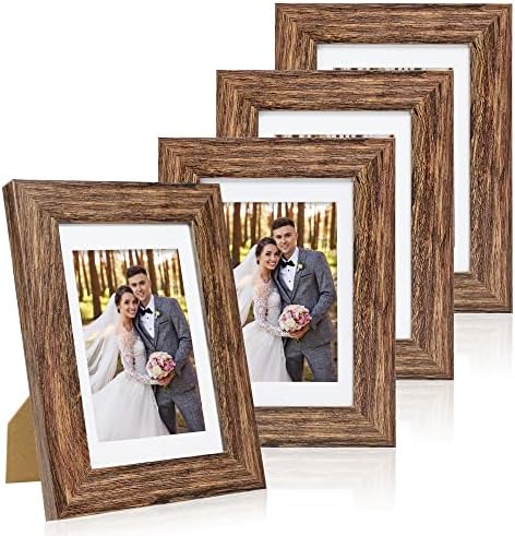 Hongkee 5x7 Picture Frame Set of 4, Made of Real Glass and Rustic Brown Wooden Frame, 5 by 7 Photo for Wall or Tabletop - Display Picture 4x6 with Mat or 5x7 Without Mat by Hongkee