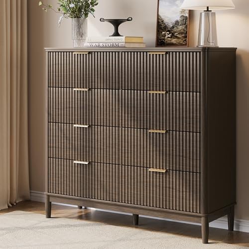 LINSY HOME Fluted Dresser for Bedroom with 8 Drawers, 47" Wide Mid Century Modern Dressers, Tall Boho Chest of Drawer, Large Wood Accent Storage Cabinet for Living Room, Curved Profile Design, Walnut by LINSYHOME