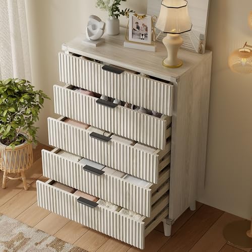 Wood Tall 5 Drawers Dresser, 27.6" W Fluted Modern Dressers for Bedroom - Image 3