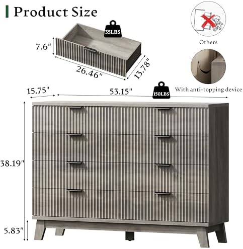 Xixini Fluted Dresser with 8 Drawers, 54" Wide Wood Chest of Drawers with Metal Handle, Wooden Dresser TV Stand, Modern Closet Clothes Storage Organizer for Bedroom, Living Room, Hallway, Light Grey - Image 2