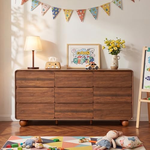 AVZEAR Modern 9 Drawer Dresser for Bedroom, 63" Wide Wooden Dresser Chest of Drawers, Handle Free & Curved Profile Design, Mid Century Closet Clothes Storage Organizer for Living Room, Walnut - Image 5