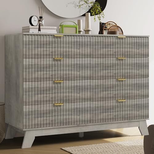 HUANLEGO 48" W Tall Fluted Dresser for Bedroom with 8 Drawer, Grey by HUANLEGO