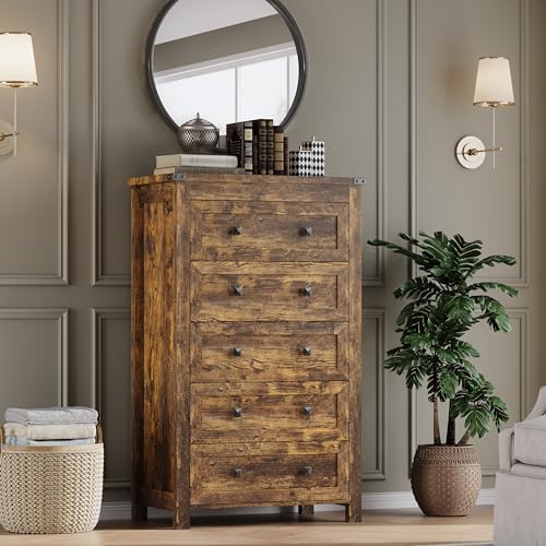 BORNOON Tall 5-Drawer Dresser, Modern Wooden Storage Chest of Drawers, Dresser TV Stand, Wood Drawer Organizer with Metal Handles for Bedroom, Living Room, Hallway - Image 6