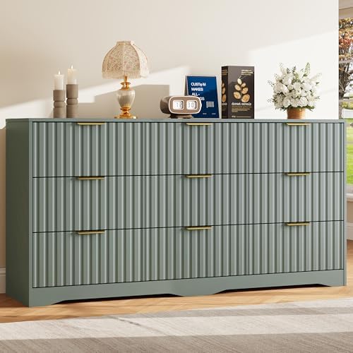 Fluted 9 Drawers Dresser for Bedroom, 63" Wide Wood Dressers, Green by METOTI