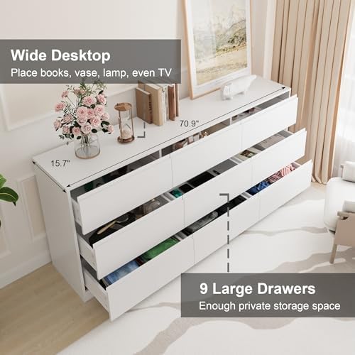 Bobve 70.9” Dresser for Bedroom with 9 Drawers, Large Modern Chest of Drawers with Deep Drawers, Wide Double Dresser Handle Free, Storage Organizer for Bedroom, Living Room, Hallway (White) - Image 3