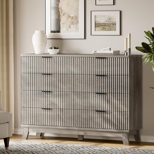 Xixini Fluted Dresser with 8 Drawers, 54" Wide Wood Chest of Drawers with Metal Handle, Wooden Dresser TV Stand, Modern Closet Clothes Storage Organizer for Bedroom, Living Room, Hallway, Light Grey - Image 3