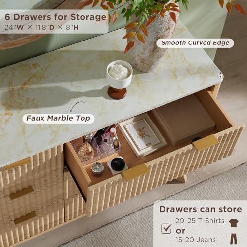 T4TREAM 54" Wide Fluted 6 Drawer Dresser for Bedroom, Natural Oak - Image 4