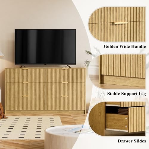 Furniway Mid Century Modern Dresser for Bedroom, 6 Drawer Wood Dresser with Fluted Front, 55.1" Wide Chest of Drawers for Living Room, Hallway, Natural Oak - Image 3