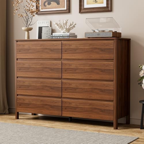 Furniway 55" Mid-Century Modern Dresser for Bedroom, 8 Drawer Wide Chest of Drawers with Wood Legs, Large Storage Bedroom Dresser, Walnut by Furniway
