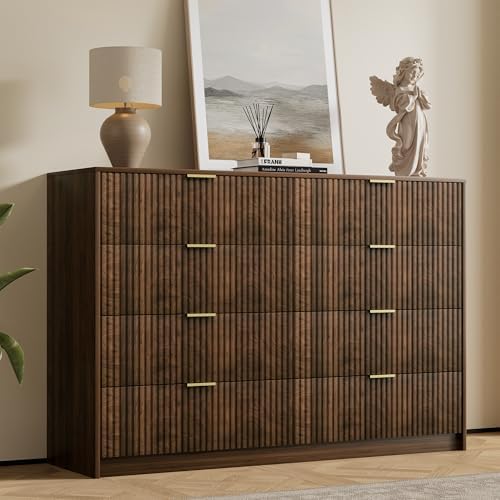 Furniway Walnut Dresser for Bedroom, Modern Dresser with 8 Drawers and Smooth Slides, Wide Chest of Drawers with Golden Handles for Bedroom, Closet, 15.7" D x 55" W x 37.4" H by Furniway