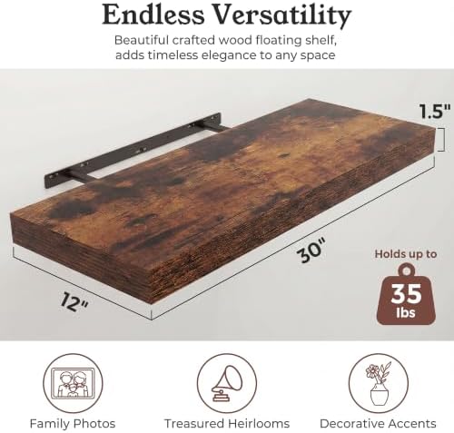 30" Rustic Brown Floating Shelves 12inch Deep Wall Shelf, Set of 2 - Image 2