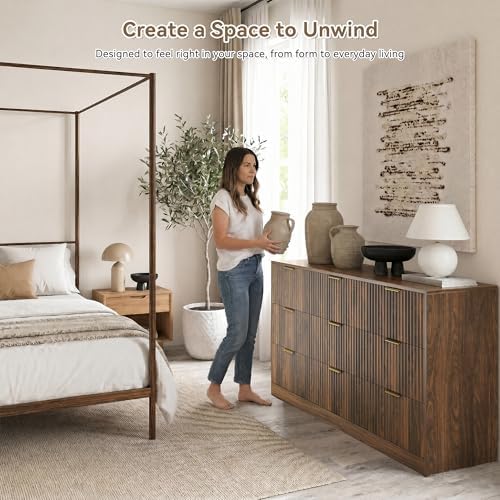Walnut 9 Drawer Dresser for Bedroom, 63" Wide Modern Fluted Chest of Drawers, Wooden Dresser with Gold Metal Handles, Mid Century Large Dresser TV Stand for Living Room Hallway - Image 4