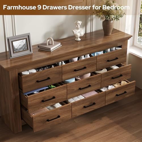 9 Drawer Dresser for Bedroom, Wood Dresser Chests of Drawers with Metal Handle, Triple Wide Dressers, Vintage Design Storage Chest Cabinet and Organizer Drawers for Closet, Hallway, Entryway, Walnut - Image 6