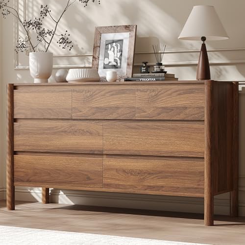 CHUWELL 51.1" Wide Walnut 7 Drawer Dresser for Bedroom with Solid Wood Legs by CHUWELLStorageCabinet